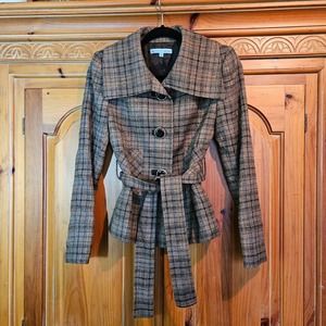 Antonio‎ Melani Tan Brown Plaid Belted Wool Blend Peacoat Size O